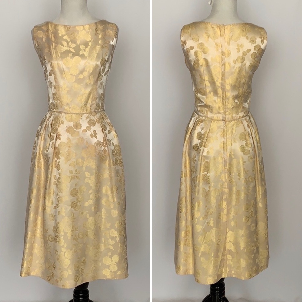 SOLD! VINTAGE YELLOW DAMASK SATIN SLEEVELESS DRESS